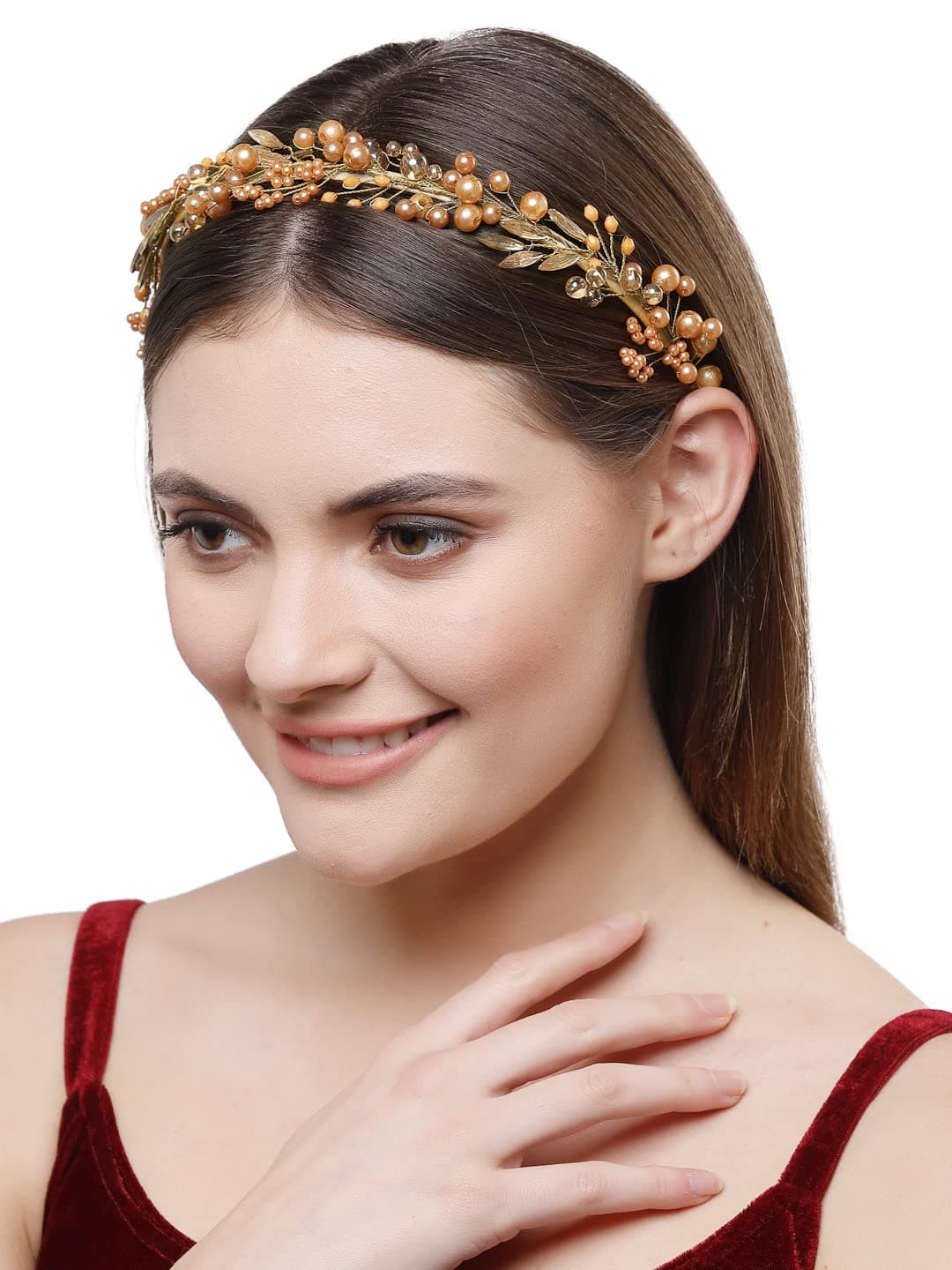 Vogue Hair Accessories Metal Handmade Crystal With Pearls Fancy Party wedding Bridal Headband Hairband Hair Accessories For Women And Girls (G-O-L-D)