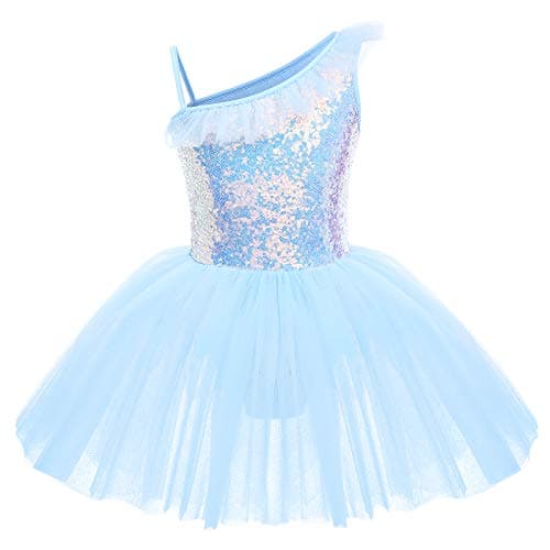 Toddler Kids Girls Sequins Ruffle One Shoulder Ballet Dance Dress Tutu Skirted Leotard Glitter Shiny Camisole Ballerina Dancewear Gymnastics Stage Performance Costume Blue 5-6 Years