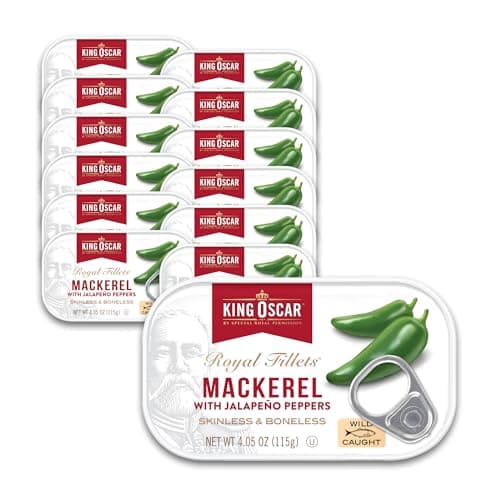 King Oscar Mackerel in Olive Oil with Jalapeo Peppers 405 Ounce Cans Pack of 12 Skinless Boneless Wild Caught Canned Mackerel Packaging May Vary