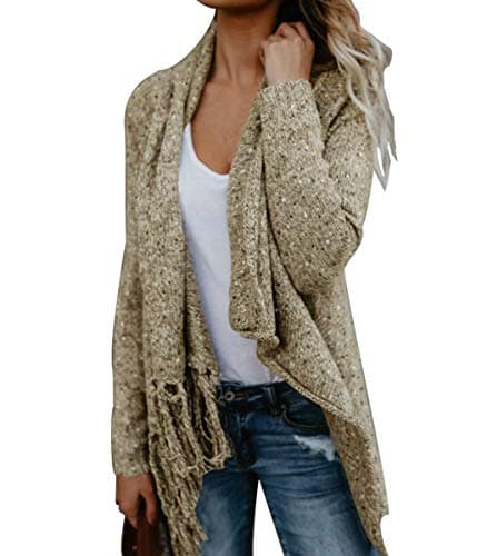 CEASIKERY Women's Tassel Hem Sweater Long Cardigan Knitwer Pullover Poncho Coat Khaki