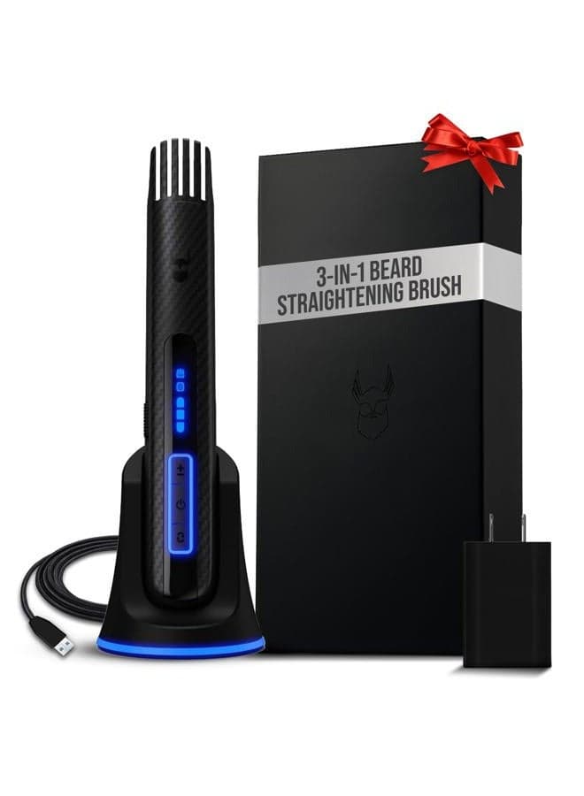 Carbon X - Heated Beard Brush + Beard Straightener for Men - Cordless Beard Brush & Straightening Comb - Rechargeable, 3 Heat Settings, Micro-Fibre Protective Sleeve Included