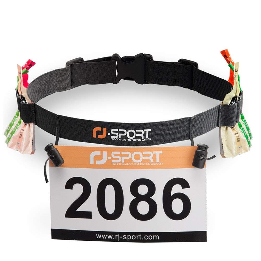 RJ-Sport Race Number Belt - Triathlon Race Belt BIB Holder with 6 Energy Gel Loops for Triathalon, Marathon, Running and Cycling