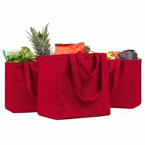 VeraMia Canvas Grocery Bag 3pc Jumbo Set with Real Pockets, Long Shoulder Strap and Short Handle. Reusable Shopping Bags for Groceries Heavy Duty, Foldable, Washable, Grocery Tote Bag (Cranberry Red)