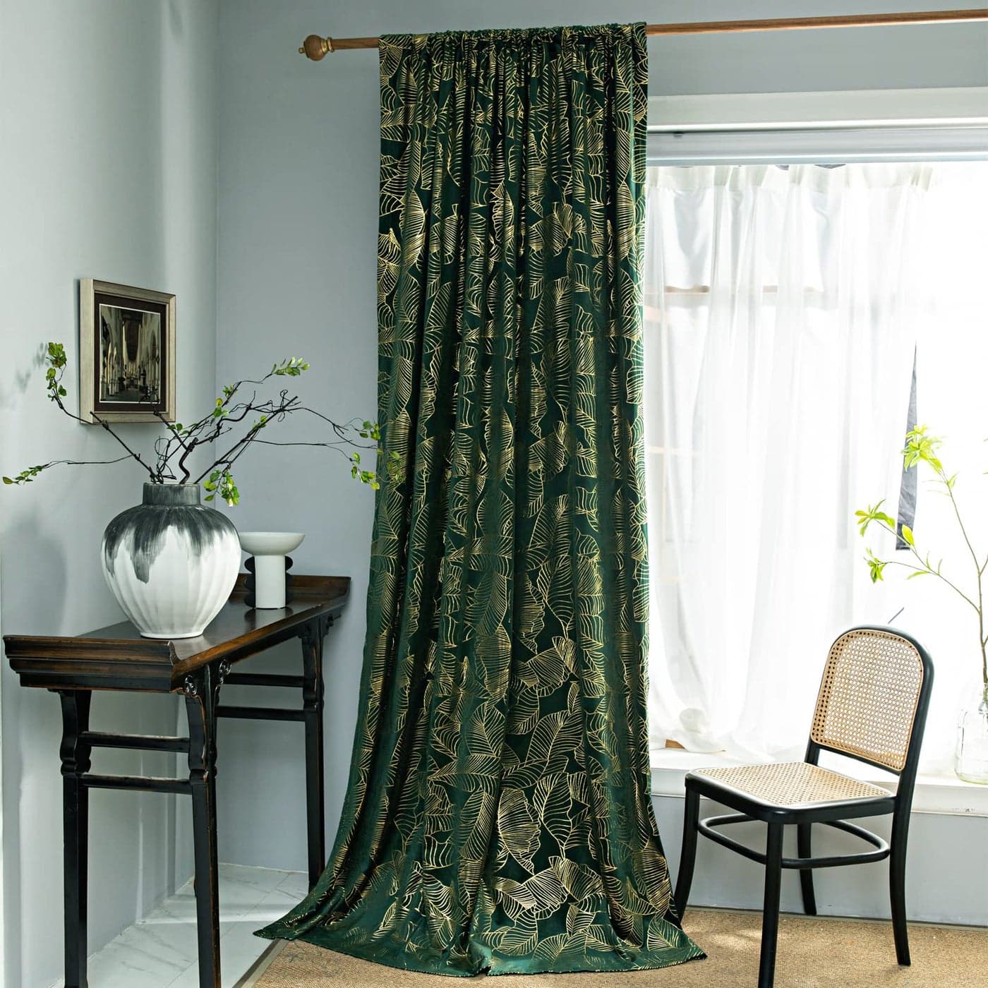 Tootop Velvet Green Curtain Leaves Bedroom and Living Room highend Gold foil Printing semi Shading Noise Reduction Soft and Smooth Decorative Curtain Pole Pocket 2panel 52w x 63 inches