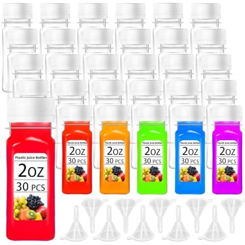 30 Pcs 2oz Small Plastic Shot Bottles with White Caps,Reusable Clear Juice Bottles,Empty Plastic Containers with 10 Funnels for Ginger Shots,Liquids,Beverages