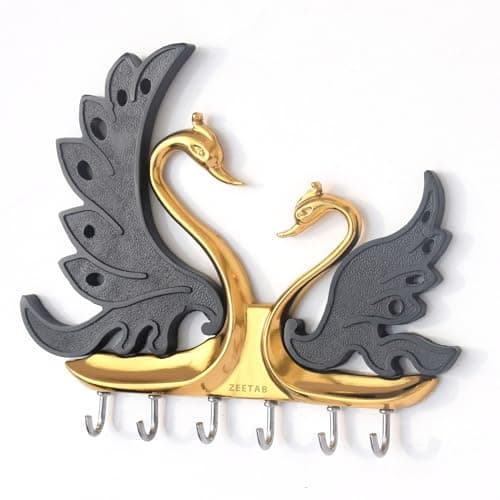 Zeetab Two Swan (Hans) Key Holder, Love Bird Key Stand with 6 Hook, Full Metal Wall Mount Hanger, Home Decor Gift (Gold Black)