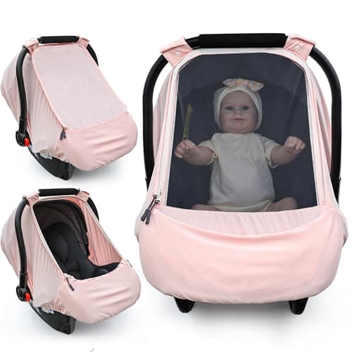 Baby Car Seat CoverSunproof Car Seat Canopy for Babies Extra Large Mesh Window Baby Car Seat Sun Shade Cover Infant Carseat Covers for SummerAutumn UsePink