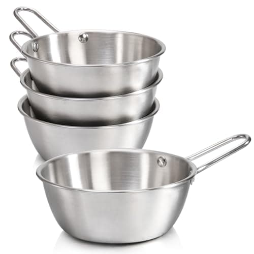 Acshio 4 Pack Korean Traditional Wine Bowls, 20 Oz Stainless Steel Makgeolli Bowls with Handle, Round Rice Bowl Camp Wine Cup, Silver Hiking Soup Dish for Picnic, Dinner Party