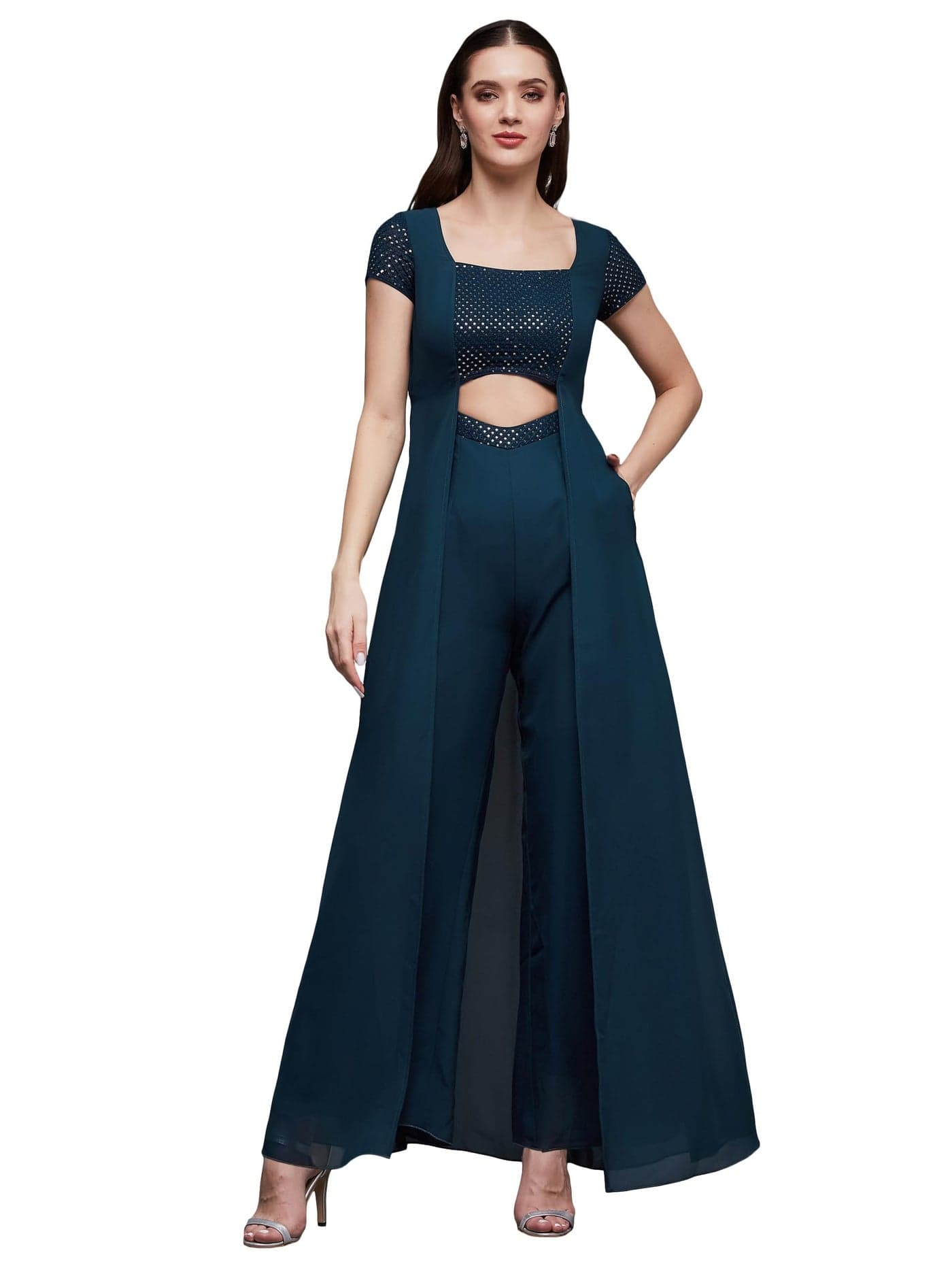 Miss Chase Women's Embellished Square Neck Short Sleeve Georgette Cut Out Relaxed Fit Regular Jumpsuit with Pockets (MCAW23D19-04-83-04, Teal, M)