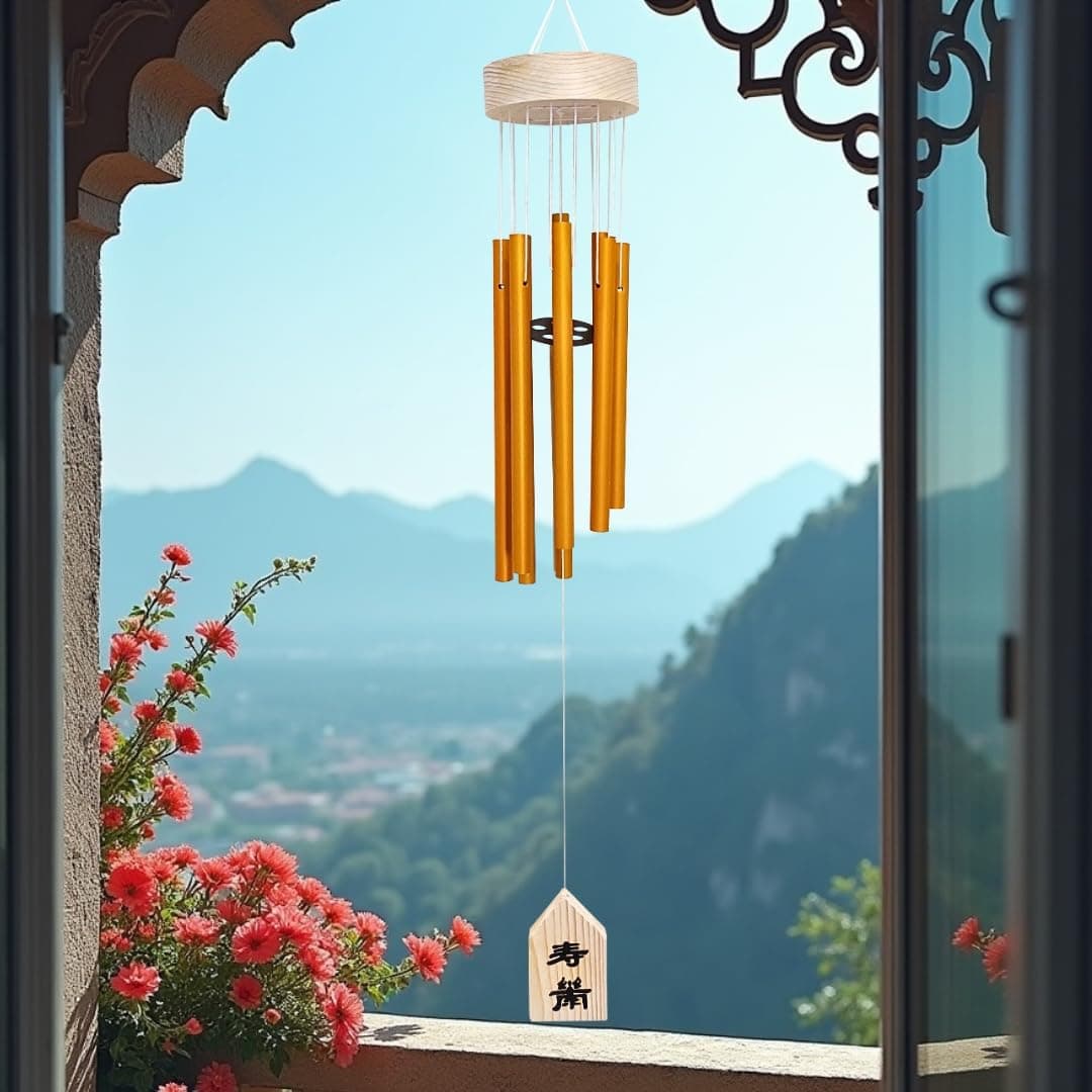 Plus Value Feng Shui Metal Wind Chime Bells 8 Pipes Rods for Home Decor Balcony Bedroom Window Garden Outdoor Positive Energy Peaceful Sound Golden