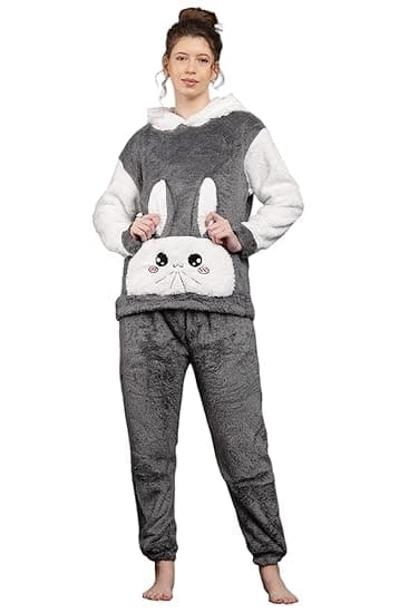 Cigain Women's Wool Blend & Fleece Long Sleeve Pullover Hoodies Set Full Length Winter Nightwear Pajama and top Set Tracksuit Gym Suit Night Suit Set (in, Alpha, M, Plus Size, Grey)
