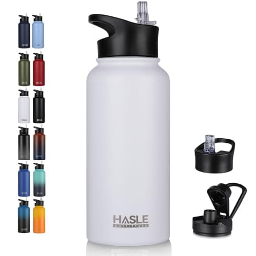 HASLE OUTFITTERS 32 oz Insulated Water Bottle Stainless Steel Double Walled Vacuum Sports Water Bottle with 2 Lids (Straw and Spout Lid) for Gym Camping Hiking(White,1)