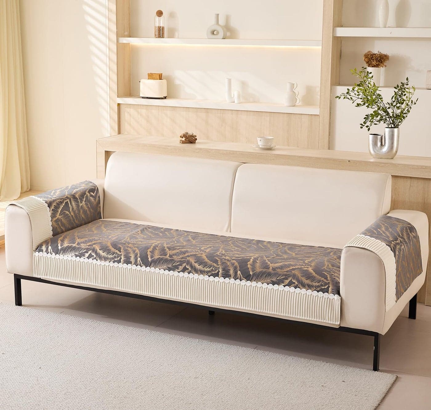 House of Quirk Leaf Pattern Chenille Fabric Sofa Cover Set – 3-Piece Anti-Slip Furniture Protector for Two-Seater Sofa (2 Armrest Covers 50x70cm + 1 Seat Cover 90x120cm, Grey)