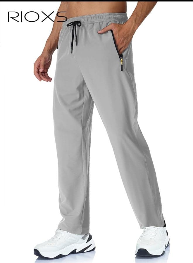 Men's Grey Quick-Dry Jogger Pants, Mid-Rise Athletic Trousers with Zipper Pockets and Drawstring Waist, Breathable Running Pants for Gym, Hiking and Outdoor Sports, Drawstring Waist Joggers, Stretchable Workout Trousers