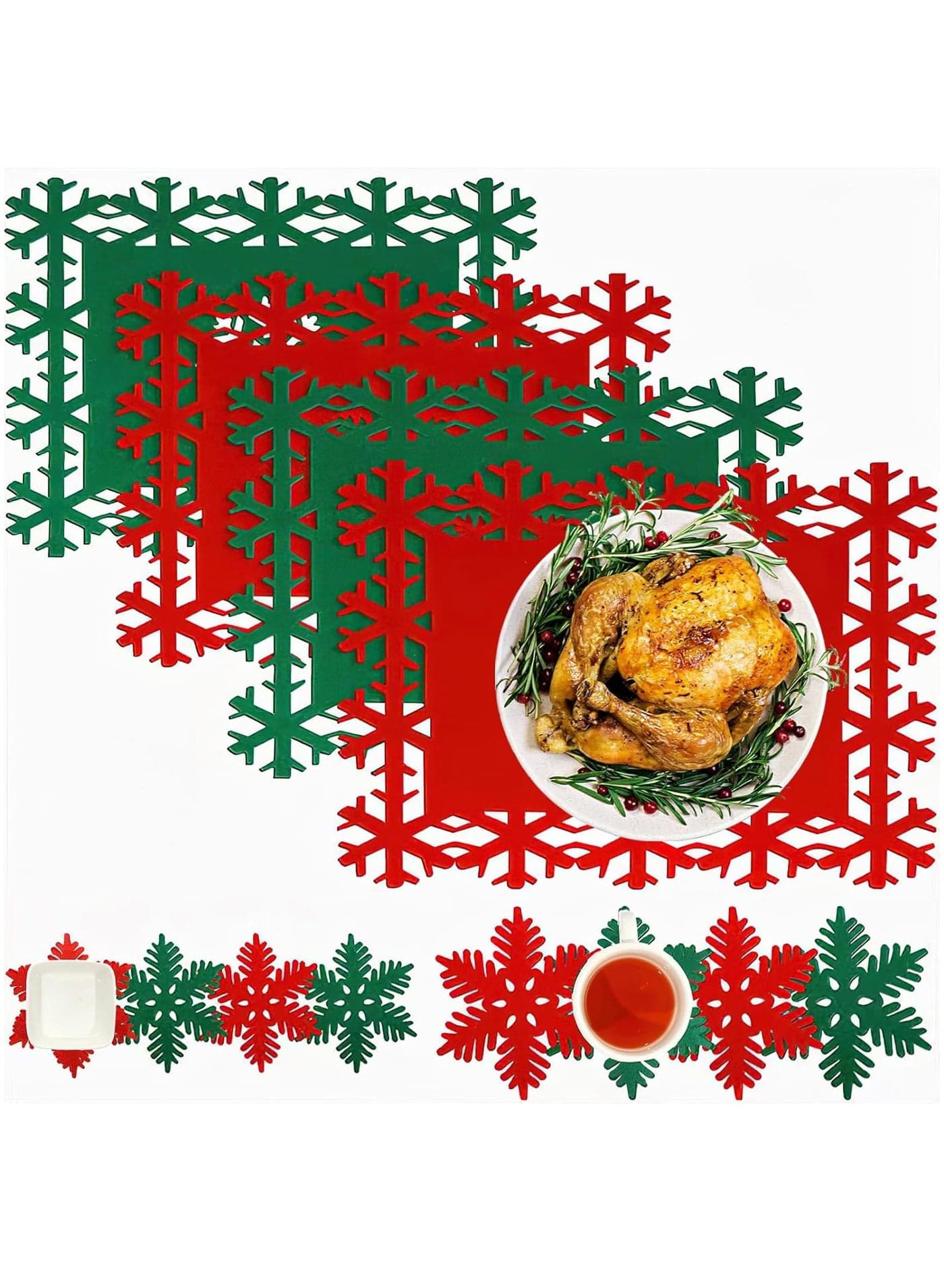 12 PCS Snowflake Placemats Christmas Table Red Green Felt Place Mats Coaster for Xmas Party Winter Wedding Holiday Home Dinner Tableware Decoration