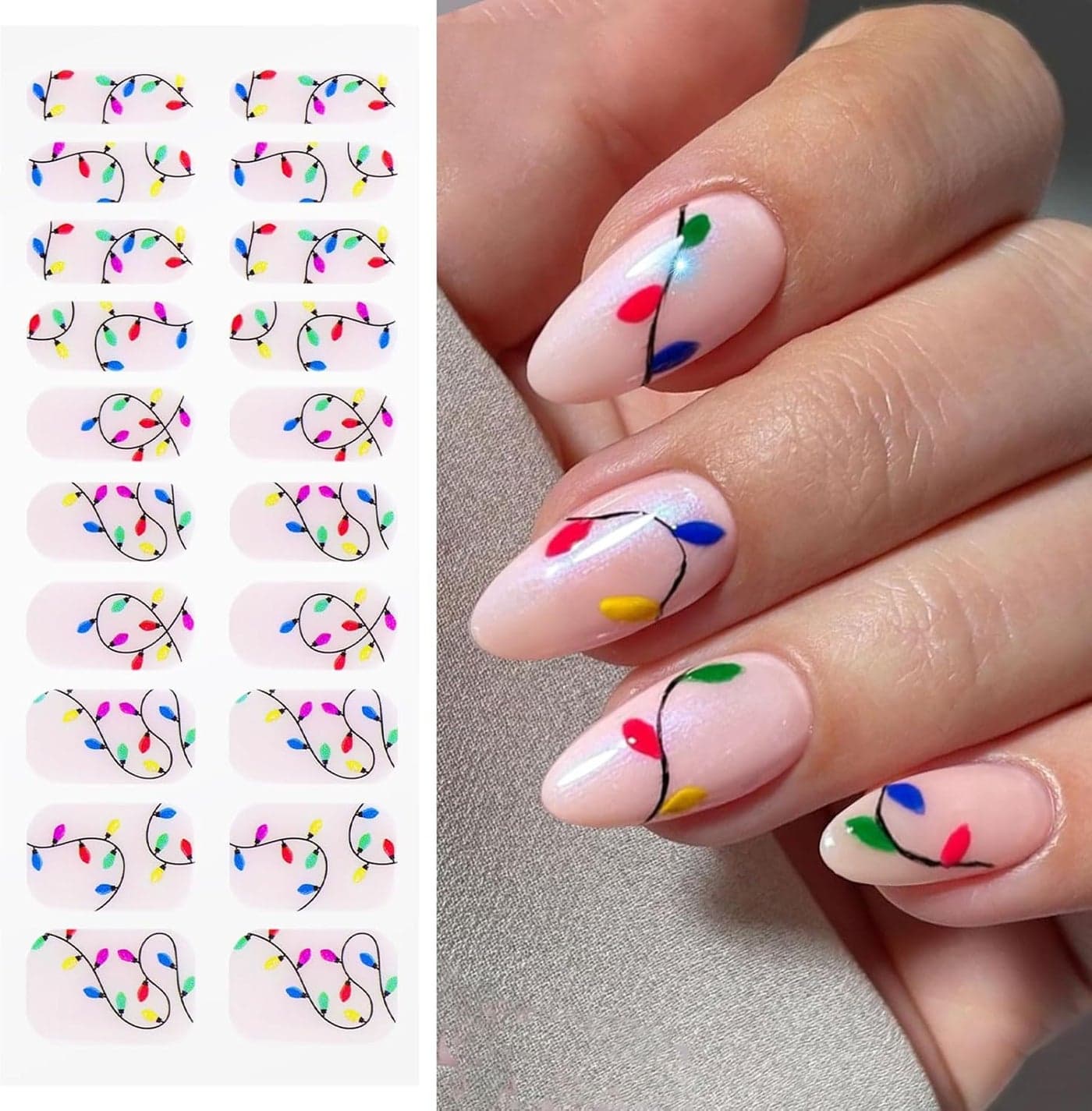 JMEOWIO Gel Nail Stickers Christmas Light Semi Cured Gel Nail Strips Wraps UVLED Nails Art Design Decoration Accessories