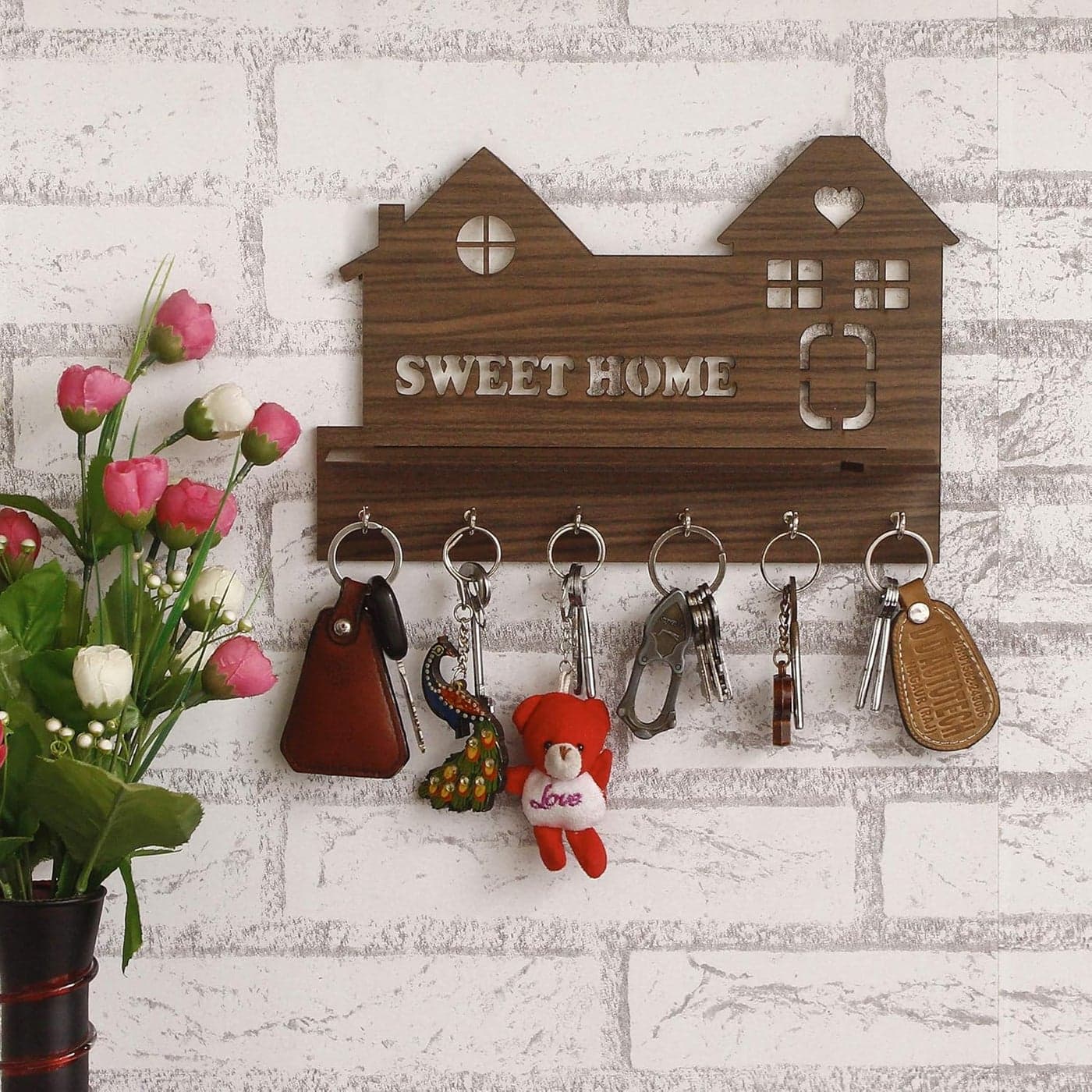 Webelkart Wooden Laminated Sweet Home Side Wall Shelves Key Holder Brown