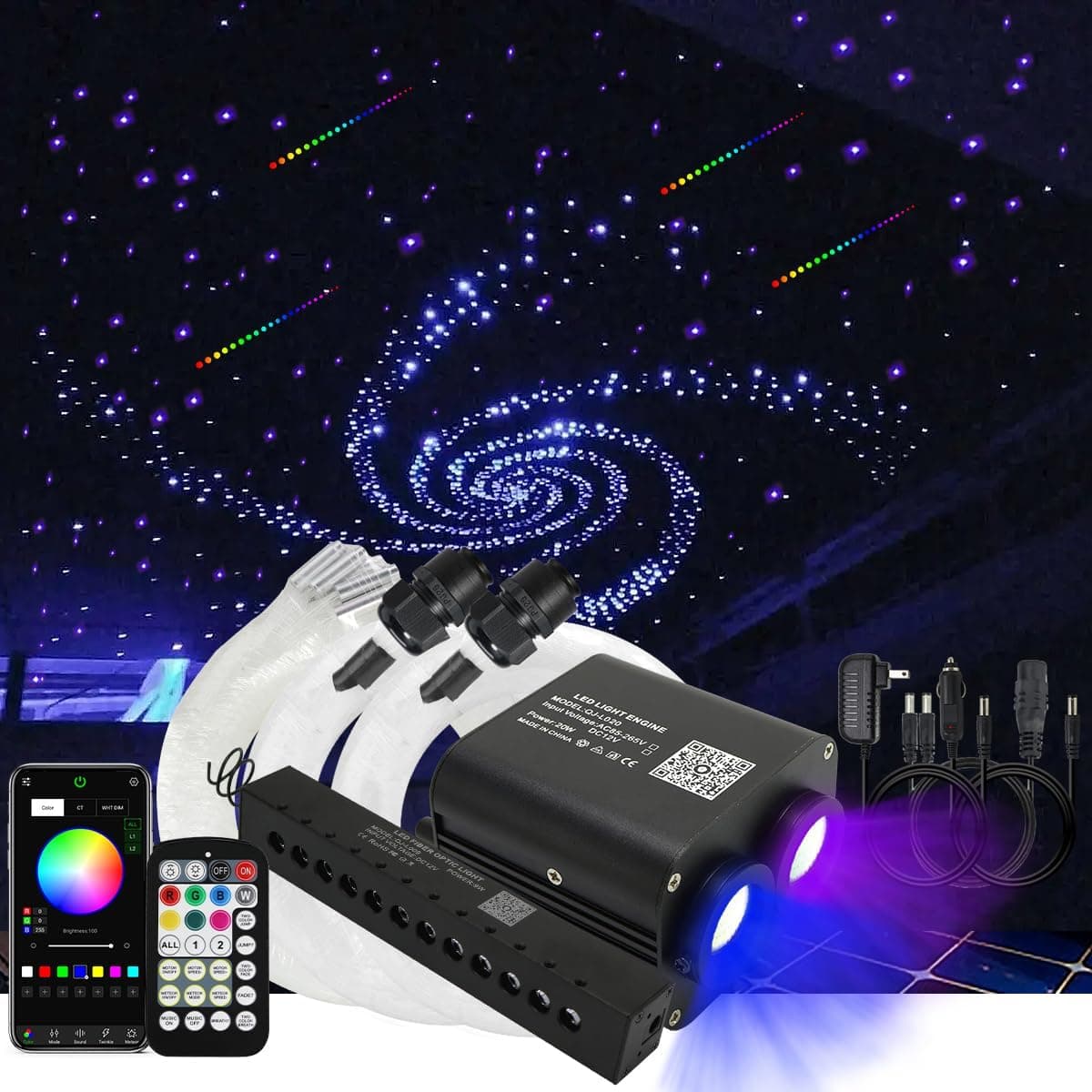 AKEPO 20W RGBW Twinkle APP Dual-Head Colorful Shooting Star Fiber Optic Light Kit