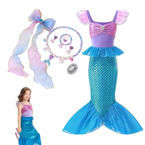 PATPAT® Mermaid Costume Kids,Mermaid Dress for Girls,with Matching Jewelry & Hair Clip Dress kit Princess Costumes Fancy for Christmas Birthday Party and Birthday Party-Purple-3Years-4Years.