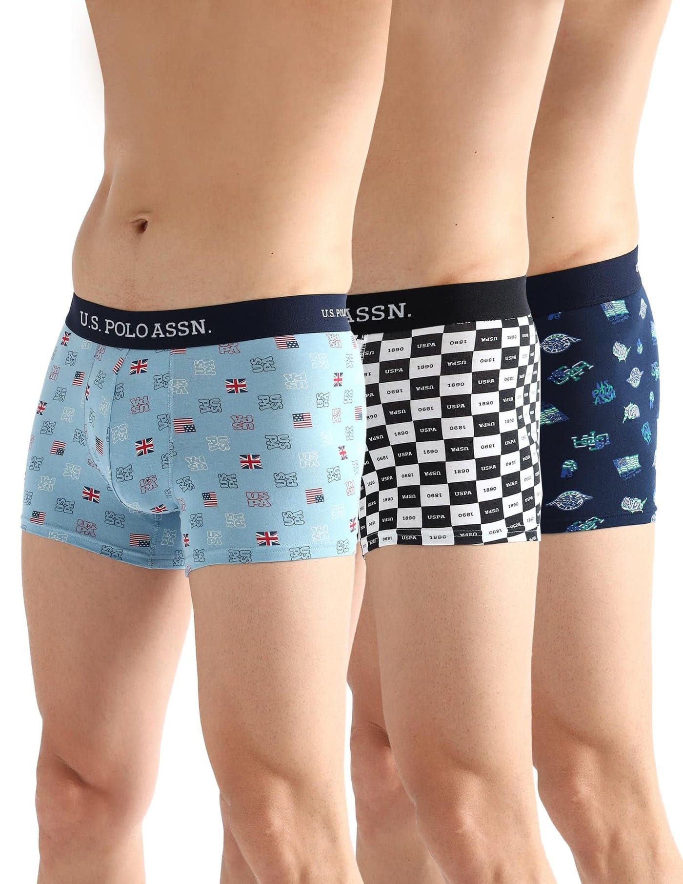 U.S. Polo Assn Mens Elasticized Waist Printed Underwear Trunks - Pack of 3 (Navy-Light Blue-White M)