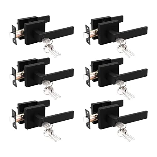 Probrico 6 Pack Entry Door Lever with Lock and Key,Entrance Door Handles for Office and Front Door,Matte Black Door Knobs Keyed Alike Same Key Lockset (Each with 3 Keys)