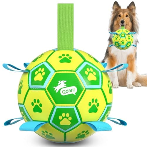 QDAN Dog Toys Soccer Ball Durable Dog Balls with Strap for Medium Small Dogs Puppy Birthday Gifts Dog Tug Toy for Tug of War 8 Inch