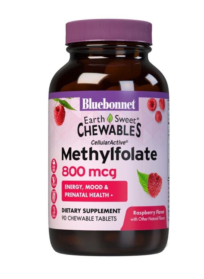 Bluebonnet EarthSweet Methylfolate 800 mcg Cellular Active Coenzyme 5-MTHF L Methyl Folate Supplement - Prenatal & Energy Support* - Non-GMO, Vegan, Gluten-Free - Raspberry - 90 Chewable Tablets