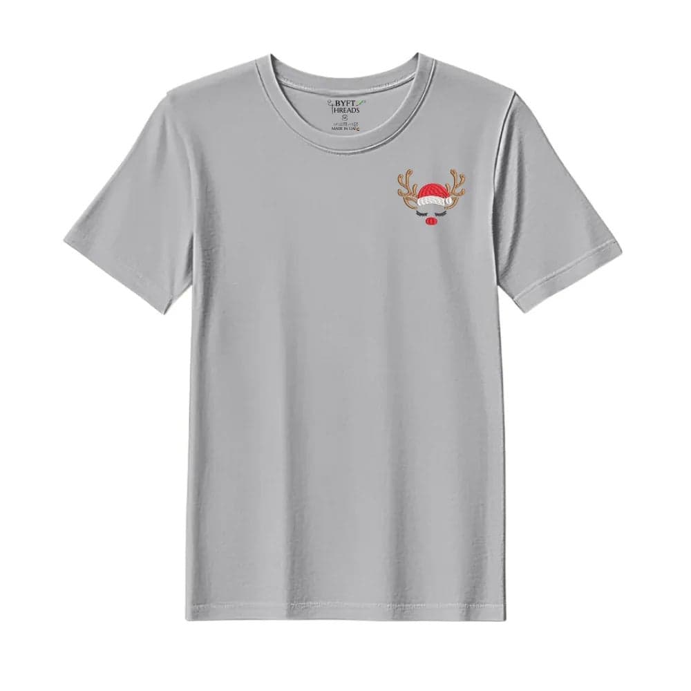Threads XXL Grey Polycotton T-Shirt - Christmas "Sleeping Reindeer Face" Embroidered Design, Premium Holiday Collection
