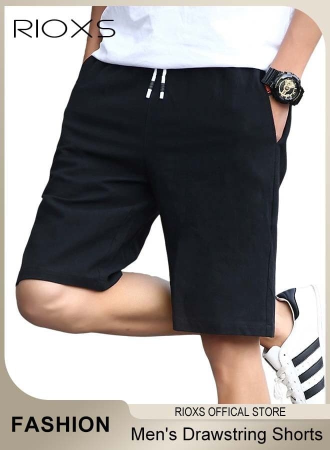 Men's Athletic Casual Shorts, Summer Loose Fit Drawstring Sports Shorts with Pockets, Quick Dry Elastic Waist Beach Shorts for Men, Lightweight Breathable Baggy Solid Jogging Shorts for Workouts, Basketball, Training, Daily Casual Wearing, Black