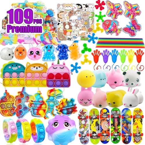 109 PCS Premium Party Favors Toys for KidsAssortment Mini Pop Fidget it Toys for All Ages KidsClassroom PrizesTreasure Chest Prize Box Toys Goody Bag FillersCarnival Prizes for Boys Girls 410