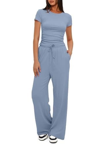 Darong Women's 2 Piece Outfits 2025 Short Sleeve Pullover Tops And Long Pants Lounge Sets Tracksuit 9042B Blue XL