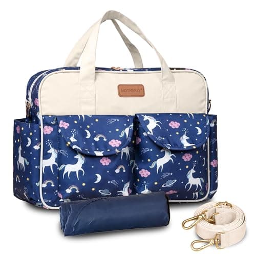 Motherly Grace Tote Diaper Bag for Mothers for Travel with Changing Mat and 6-Month Warranty Assurance| Maternity Hospital Bag for Newborn | Water-Resistant Baby Bag for mom-Unicorn Blue