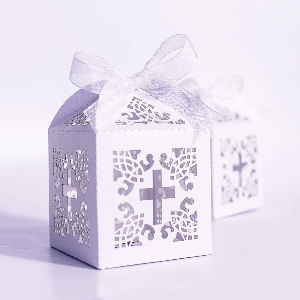 YOZATIA 50PCS Cross Favor Boxes 22 x 22 x 22 Inches Baptism Favor Boxes with 50 Ribbons for Party Birthday Christening favorCross