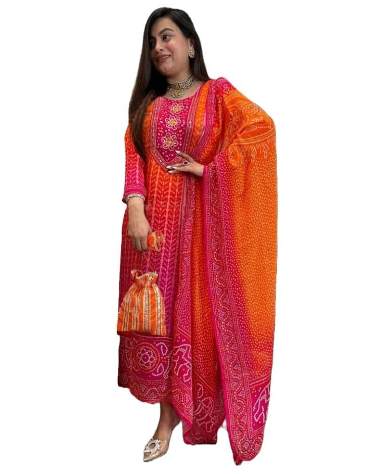 GoSriKi Women's Rayon Viscose Straight Bandhej Printed Kurta with Pant & Dupatta (SHRIHA Multi-GS_3XL_Multicolor_XXX-Large)