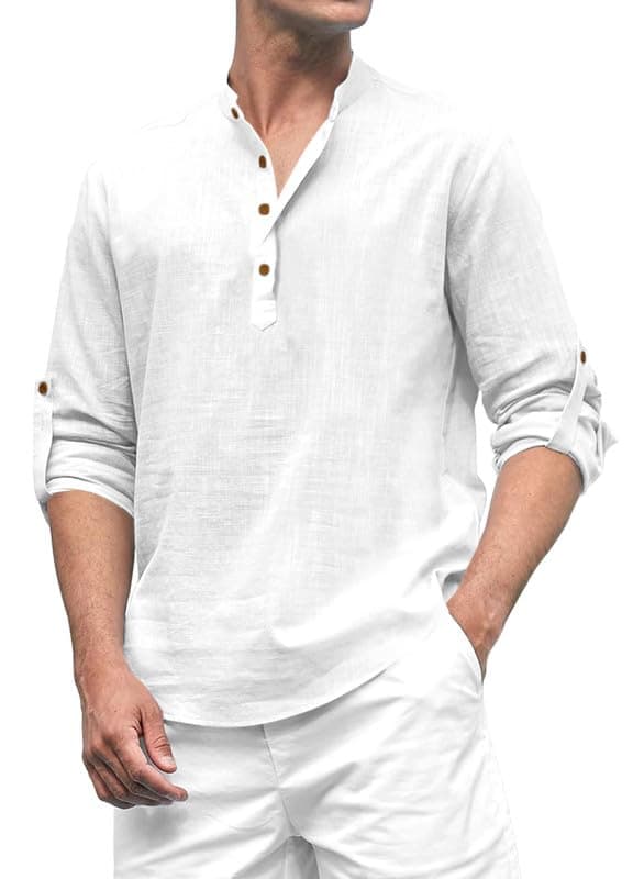 ROYALSCOUT Men's Cotton Blend Solid Short Kurta with Band Collar and Half Button Front | Full Sleeve Relaxed Fit Traditional Top for Everyday and Occasion Wear White