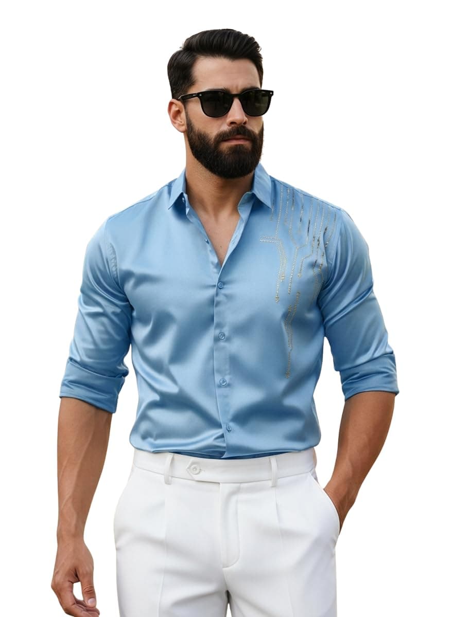 IndoPrimo Men’s Stylish Satin Shirt for Party, Formal and Casual Wear Full Sleeve Shirt for Men (in, Alpha, XL, Regular, Sky)