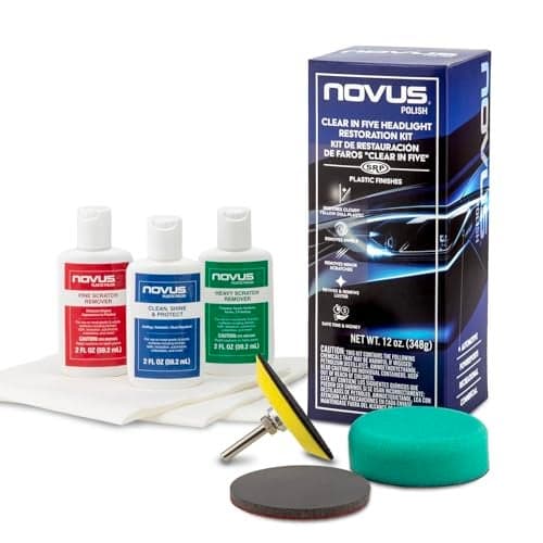 NOVUS Clear in Five Headlight Restoration Kit 2 Ounce 1 2 3 Bottles Buffing Pad Backing Pad Drill Attachment 1000 Grit Sanding Disk 3 Polish Mates