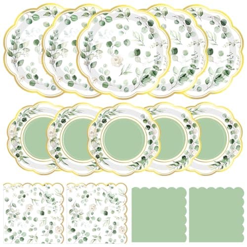 Funnymoom 200 Pcs Eucalyptus Party Supplies Kit Sage Green Disposable Paper Dinner Dessert Plates Luncheon Napkins and Beverage Napkins for Birthday Baby Shower Bridal Shower Wedding Party 50 Guests