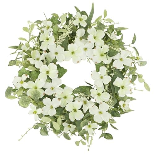 YNYLCHMX 18" Spring Summer Wreaths for Front Door, Artificial Floral Wreath with White Phalaenopsis Green Eucalyptus Leaves, Green Foliage Wreath for Wall Window Farmhouse Party Holiday Home Decor