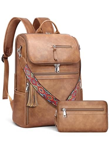SYTRAH Leather Laptop Backpack for Women Designer Laptop Bag 165 inch Travel Computer Backpacks Purse with Tassel for Work Business with Satchel Purse Brown