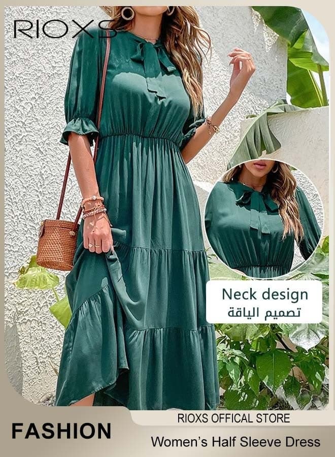 Women's A-line Midi Dress, Solid-Color Summer Vacation Dress, Casual Loose-Fit Short-Sleeve Bow-Neck Dress for Ladies, Tapered Bell Sleeves, Asymmetrical Ruffled Neckline, Perfect for Parties, the Beach, and Everyday Wear, Green
