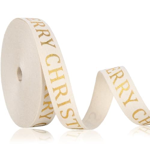 10 Yard Christmas Cotton Ribbon Glitter Elegant Merry Natural for Craft Gift Wrapping Golden