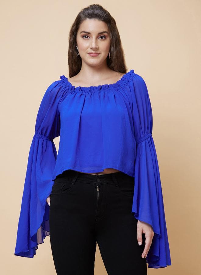 Globus Solid Bell Sleeves Gathered Square Neck Top — M