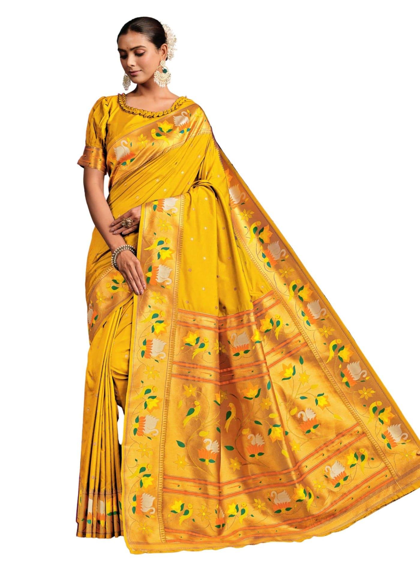 EthnicJunction Women's Pure Silk Paithani Woven Saree With Blouse Piece, Mustard