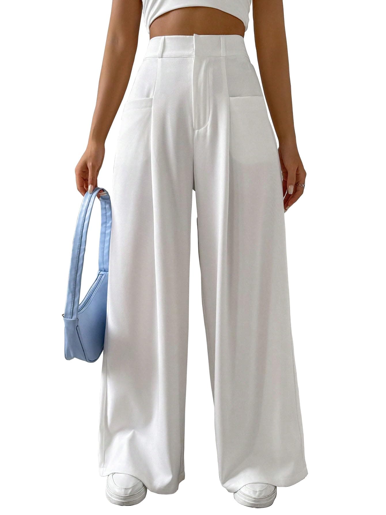 Shasmi Women & Girls Solid White Color Loose Fit, Pleated Trousers, Wide Leg Pocket Casual Long Korean Trousers Pant (Pant 146 White-M)