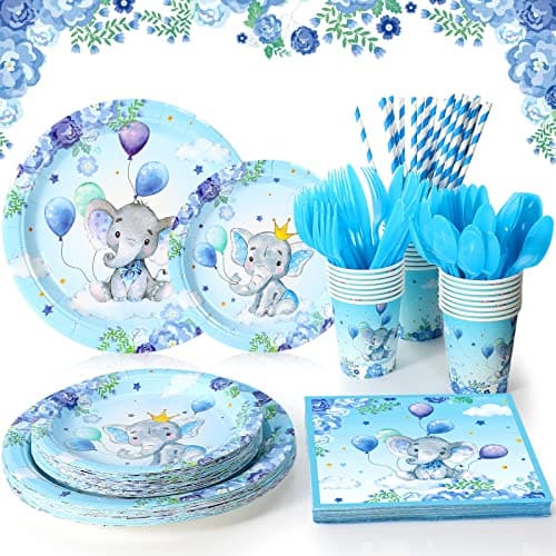 Spakon 200 Pcs Baby Shower Decoration Elephant Party Paper Plates Napkins Cups and Tableware Straws Set for 25 Guests Boys Girls Elephant Birthday Gender Reveal Party FavorsBlueCute Style