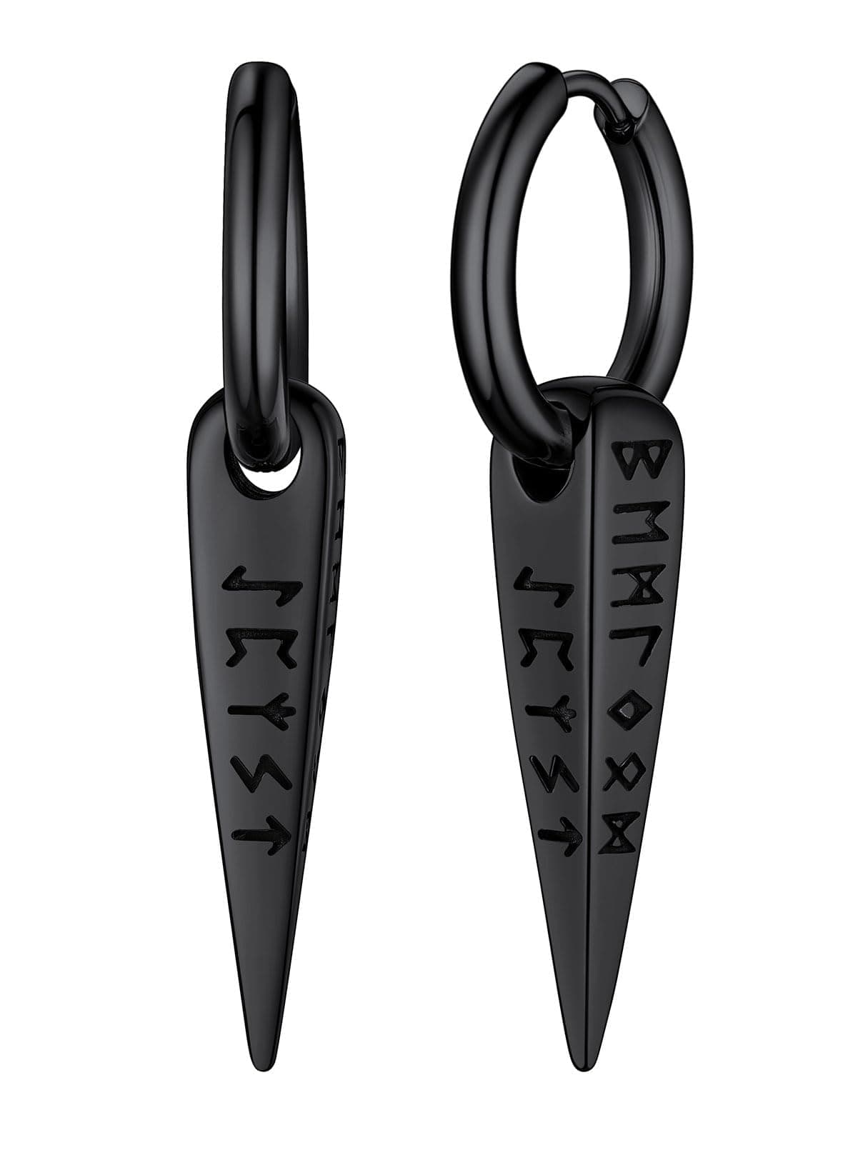 FaithHeart Viking Runes Spike Earrings for Men Black Norse Mythology Drop Earrings Vintage Runic Dangle Huggie Hoop Earrings Gifts for Dad Brother