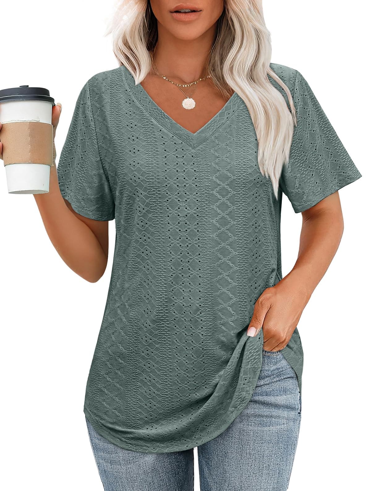 OFEEFAN Womens Tops Dressy Casual V Neck Short Sleeve Cute Plus Size T Shirts 2025 Spring Flowy Tees Summer Beach Vacation Outfits for Women Fashion Clothes Clothing Green 3XL