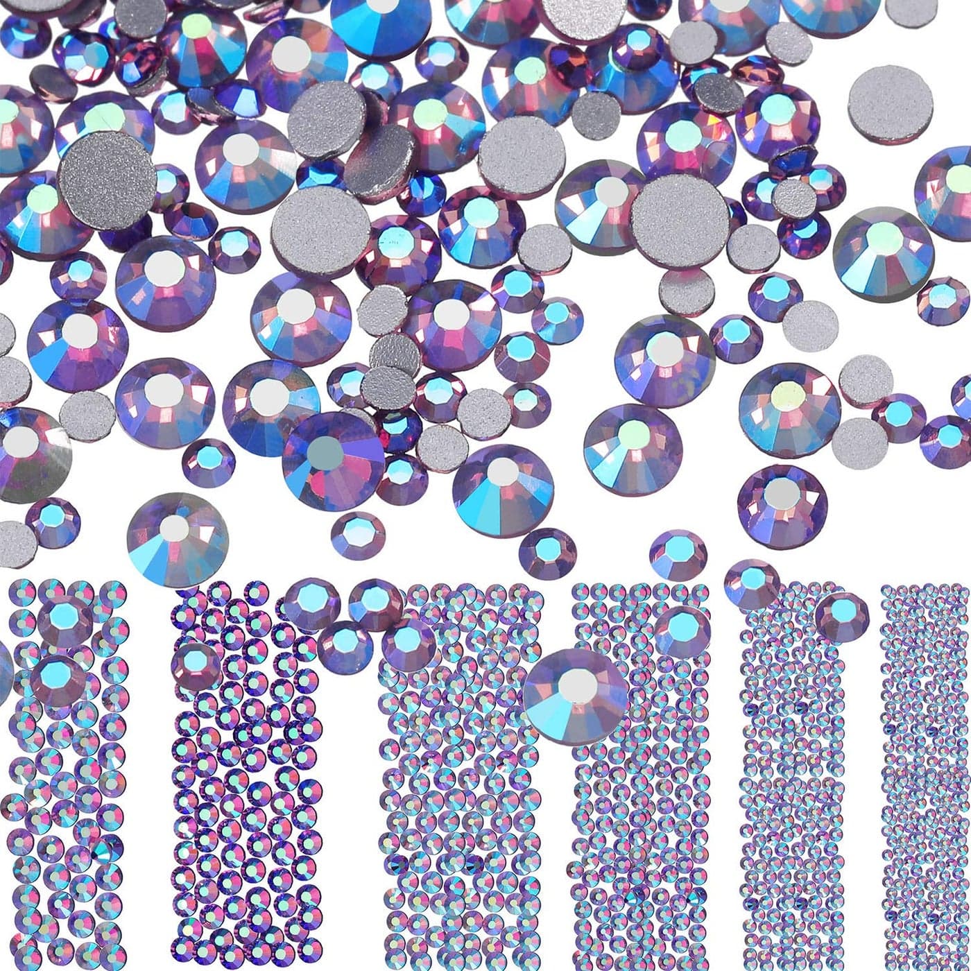 Bememo 3456 Pcs Crystals Diamond Rhinestones AB Clear Flat Back Round Gems Flatback Glass Mixed Size Crystals Gems for Crafts Clothes Shoes Makeup Bags Decor 6 SizesAmethyst