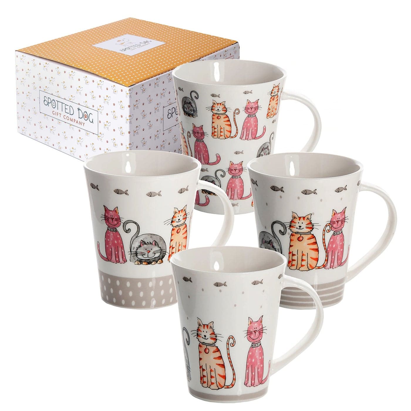 SPOTTED DOG GIFT COMPANY Cat Mugs Animal Themed Coffee Mug Set of 4 Ceramic Tea Cups for Hot Drinks Microwave Dishwasher Safe Cute Kitchen Gifts for Cat Lovers Women Men 122oz